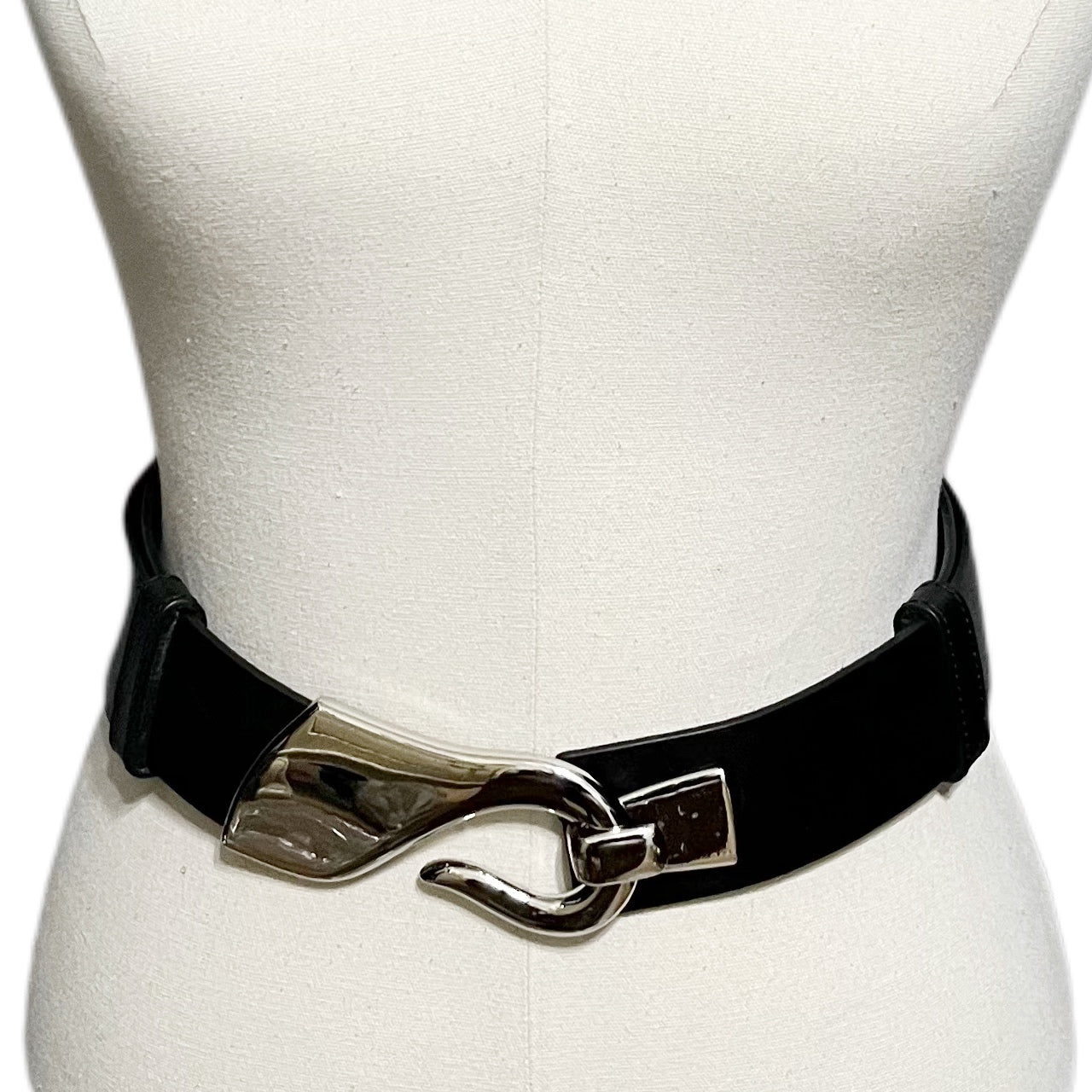 Olga Santini Black Leather With Silver Buckle Adjustable  Belt Sz-2X