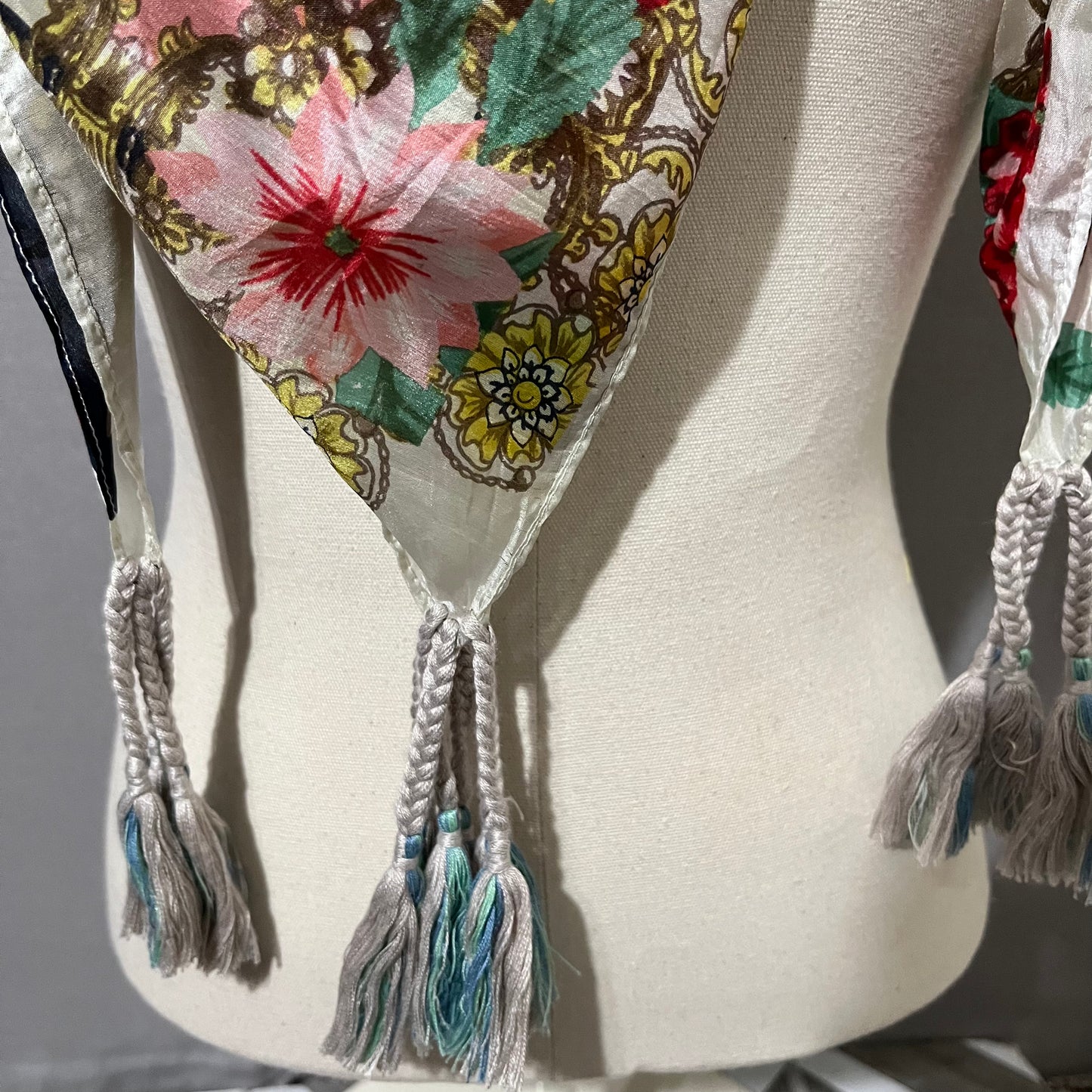 Johnny Was Floral Silk With Tassels Scarf OS