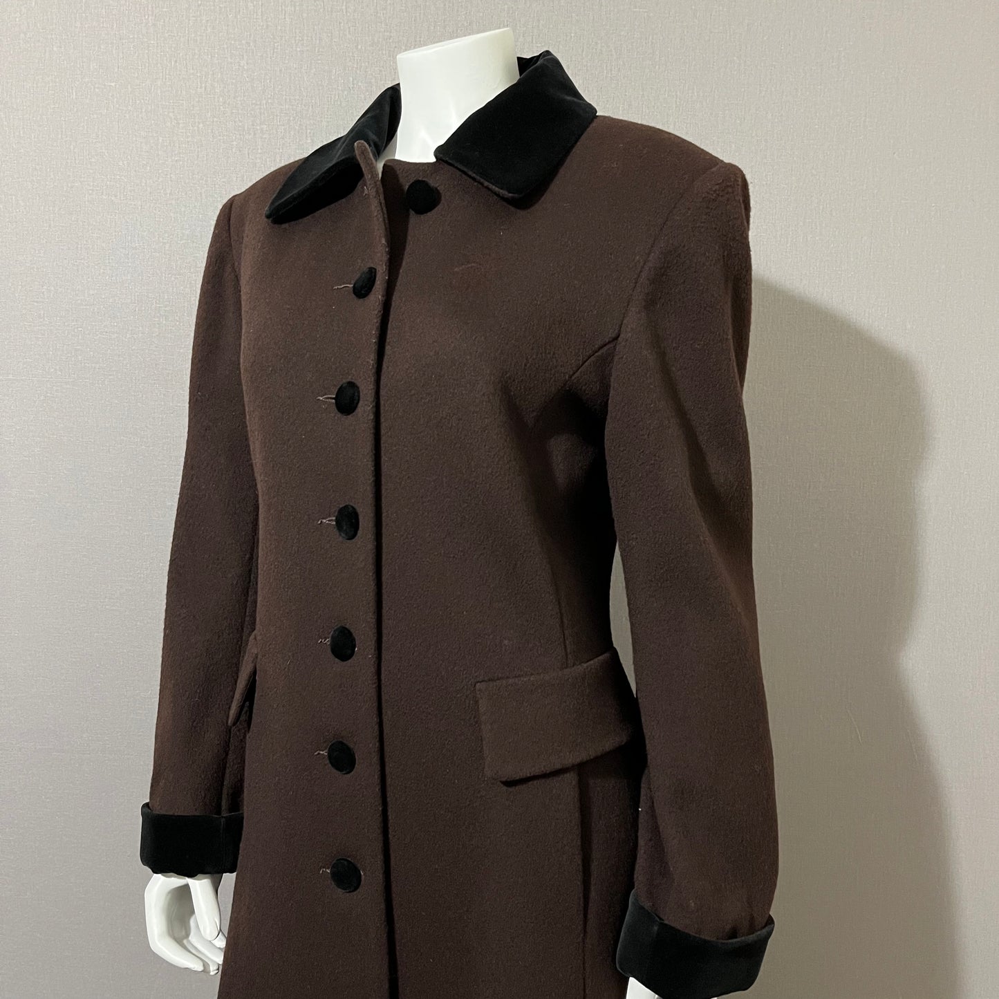 Vintage Leslie Fay Brown 100% Wool Velvet Collar Longline Coat Sz-8