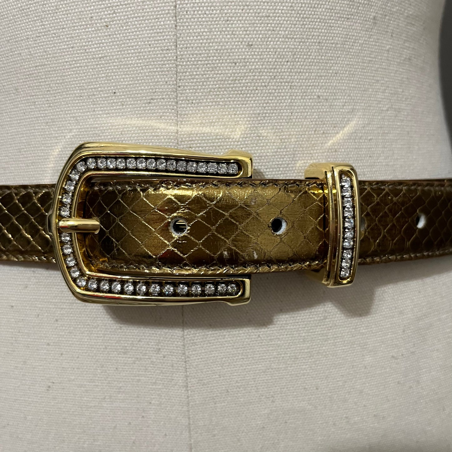 Vintage Gold With Rhinestone Buckle Genuine Snake Skin Belt Sz-Small-Medium