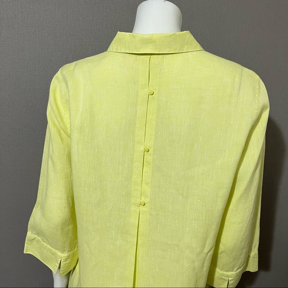 Chico’s Yellow Button Front Linen Shirt 3/4 Sleeve Sz-Medium