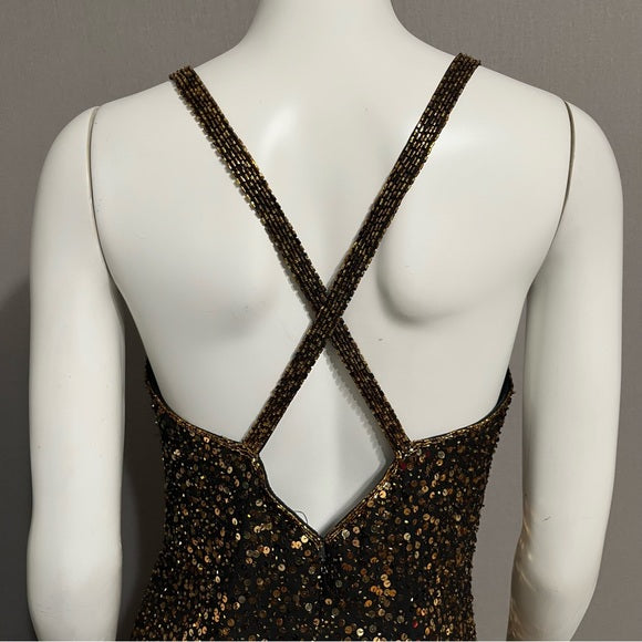 Vintage Oleg Cassini Black Gold Sequin Fit & Flare Dress Sz-12
