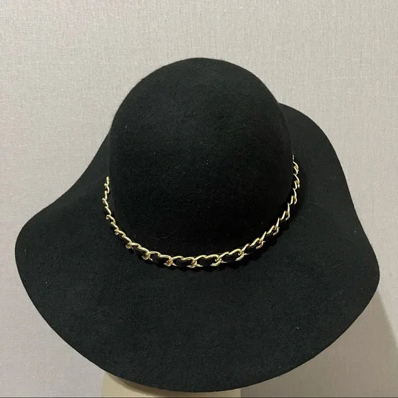 Black 100% Wool Floppy With Gold Chain Hat Sz-One Size