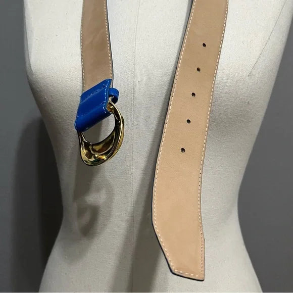 Vintage The Ritz Blue With Gold Buckle Leather Belt Sz-Medium/Large