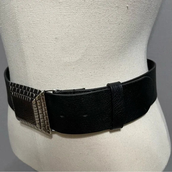 Chico’s Black Genuine Leather Wide Belt With Silver Square Buckle Medium