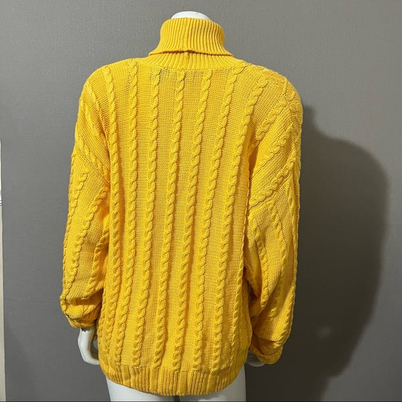 Wainscott Mustard Yellow Cotton Chunky Cable Knit Turtleneck Sz-Large