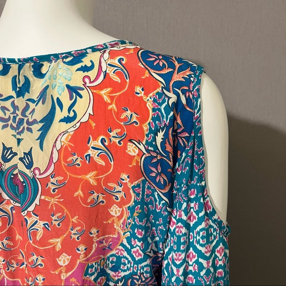 Tolani Multi-Color Silk Tunic Top Exposed Shoulder Long Sleeve Sz Large