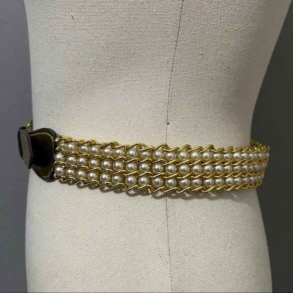 Gold Leather With Pearl Beaded Belt Sz-Medium-Large