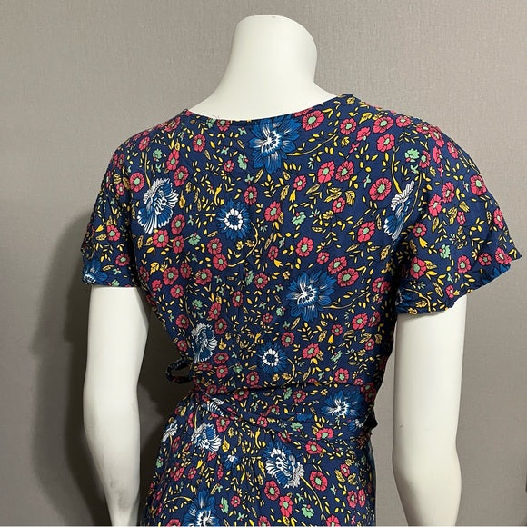 Floral V-Neck 100% Cotton Multicolored Maxi Wrap Dress Sz-Medium