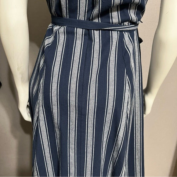 Vivi by Violet Weekend Ruffle Collar Navy Cotton Striped Dress Sz-Medium