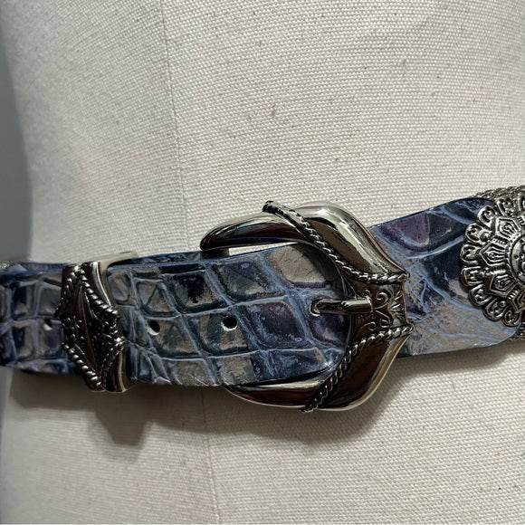 Blue Rhinestones Silver Metal Made In Italy Leather Belt Sz-Large