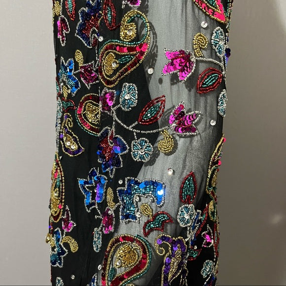 Vintage Sequin Silk Black With Sheer Sleeve Sweatheart Neckline Sz-Xtra Large