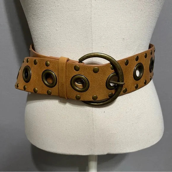 Cognac Wide Belt With Metal Circle Details Large