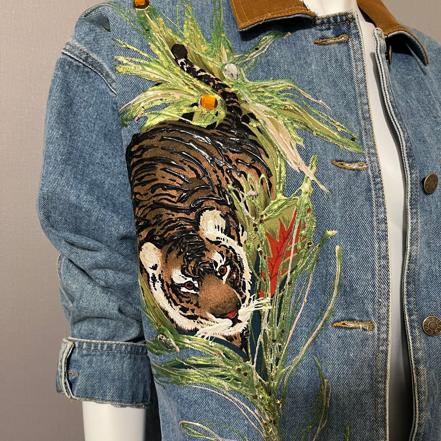 Cotton Denim Sunbelt Tiger Graphic Print Oversized Jacket Sz-Med-Large