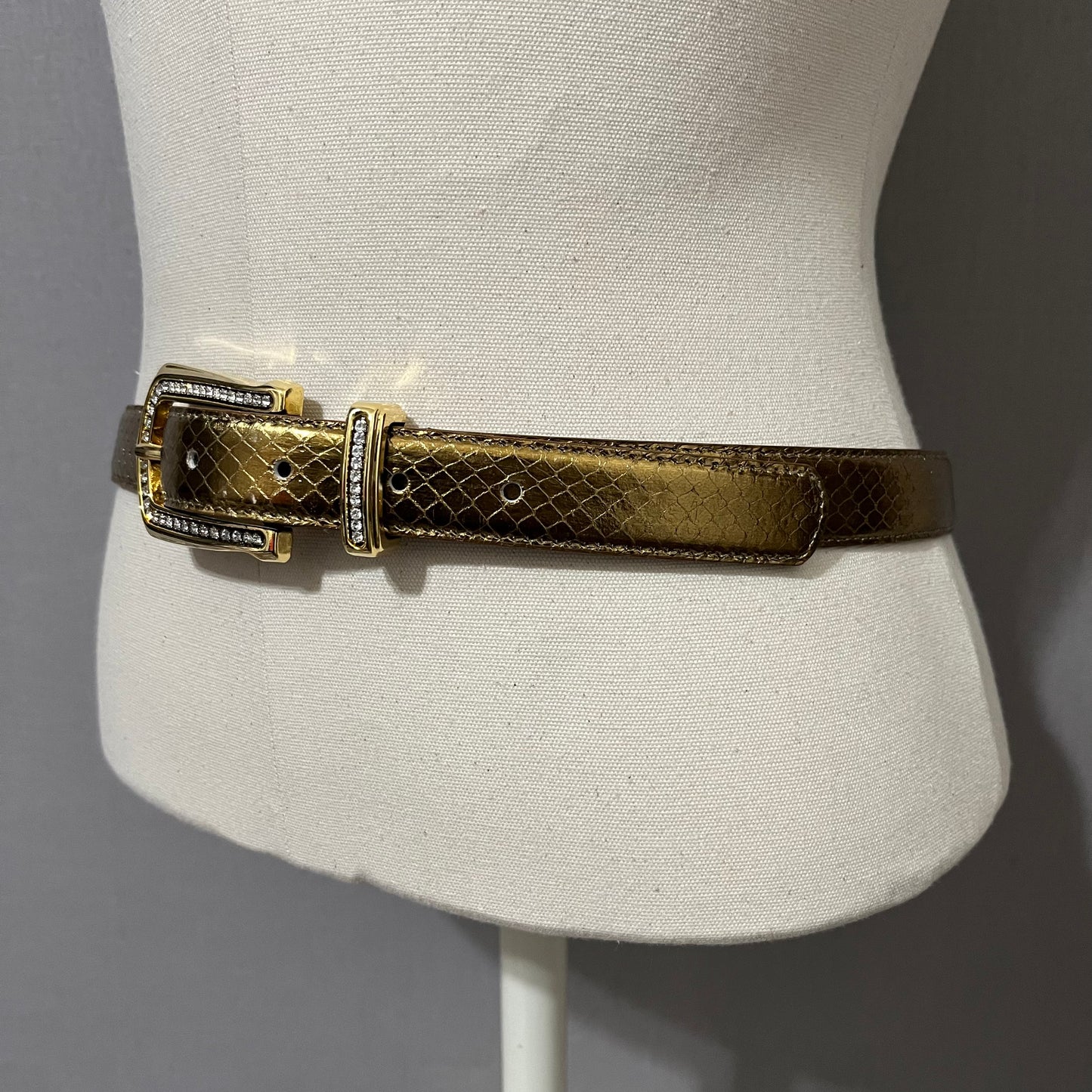 Vintage Gold With Rhinestone Buckle Genuine Snake Skin Belt Sz-Small-Medium