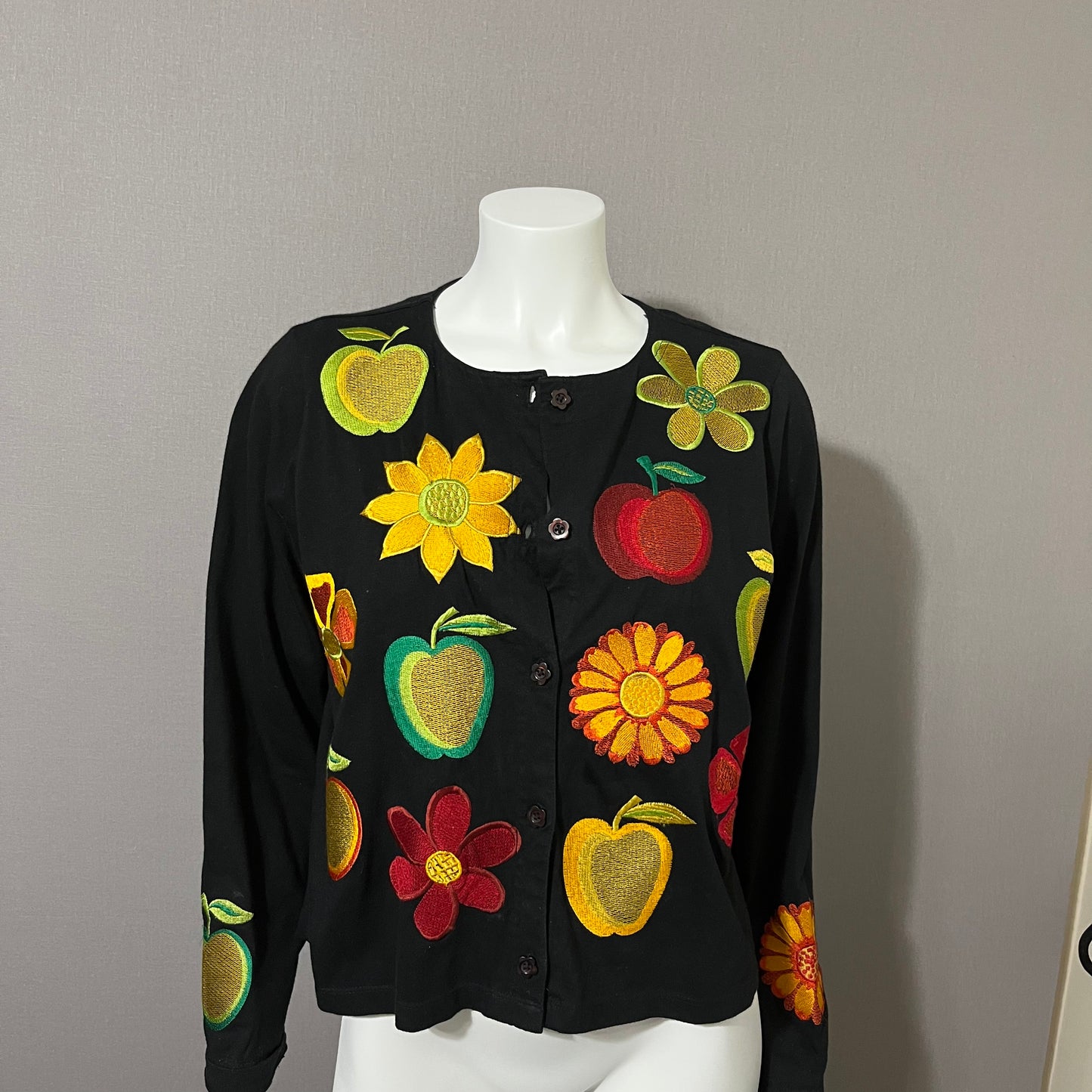 Cotton Black Fruit Embroidered Open Front Blazer Sz-Medium