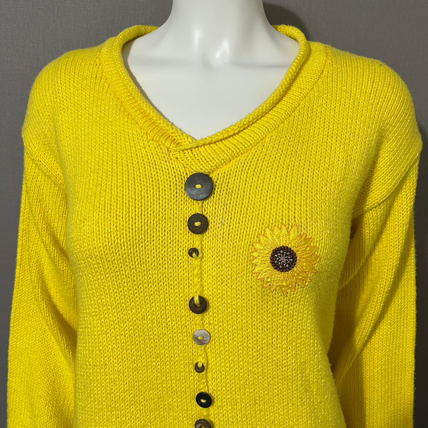 Yellow Pure Hand-Knit V-Neck Textured Button Sweater Sz-Small/Medium