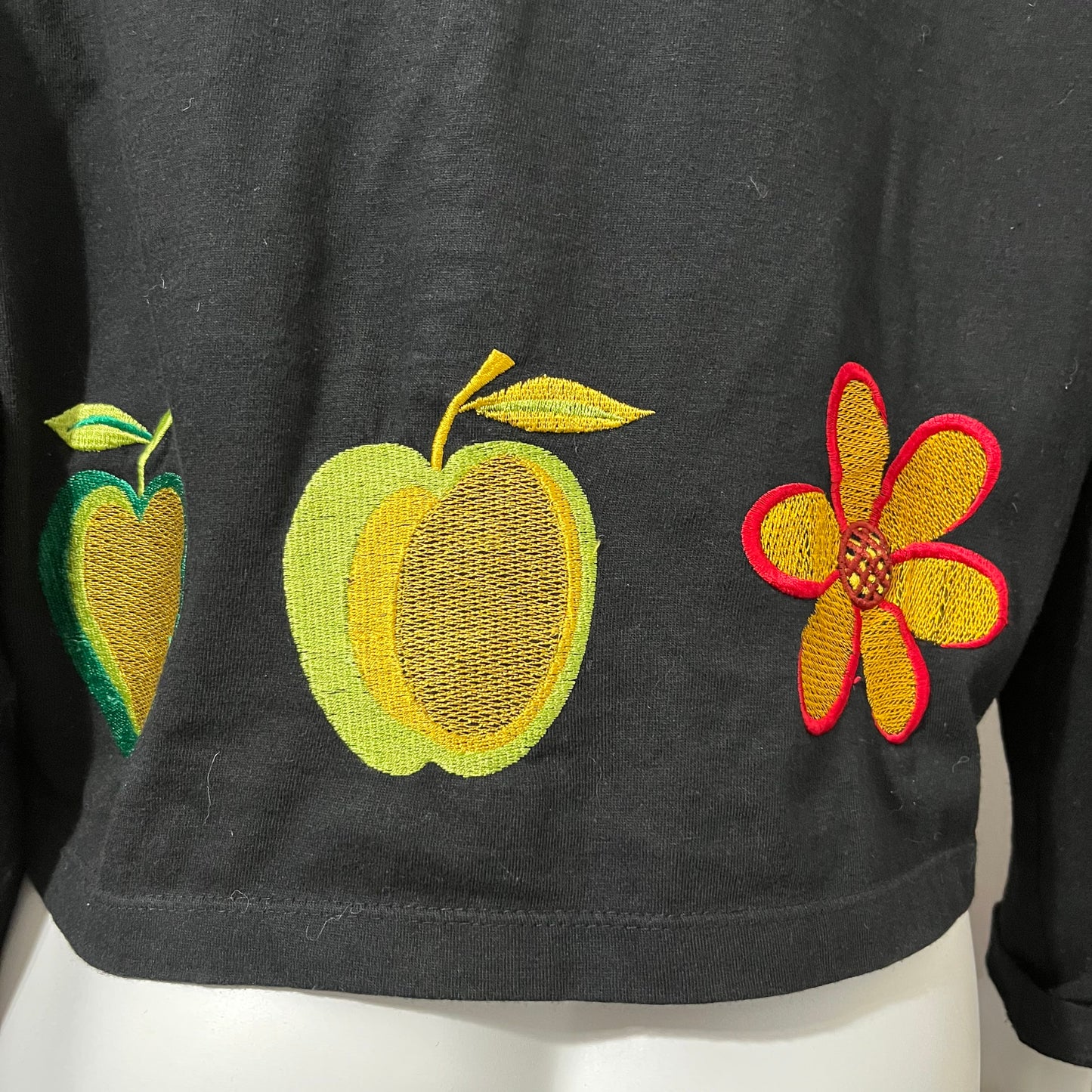 Cotton Black Fruit Embroidered Open Front Blazer Sz-Medium