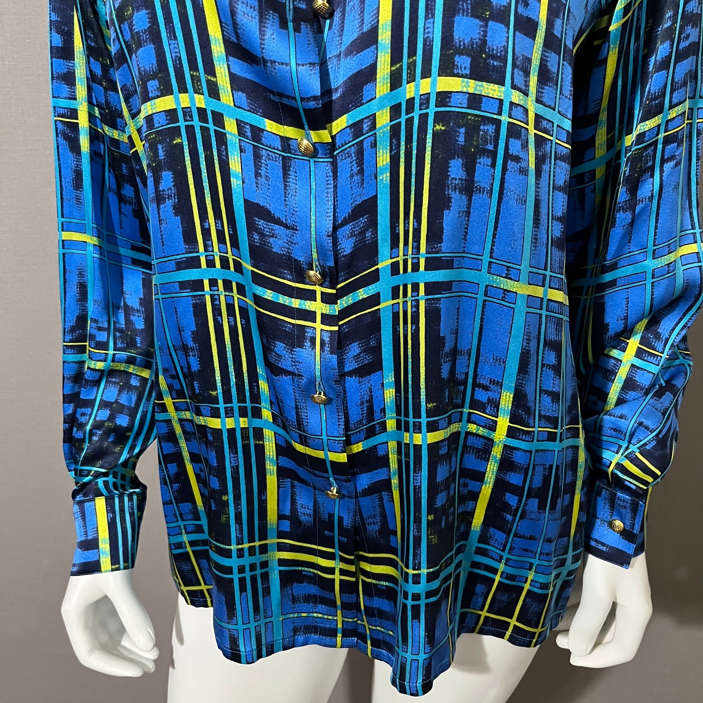 Vintage Escada Blue Stripe 100% Silk Gold Button Blouse Sz-8