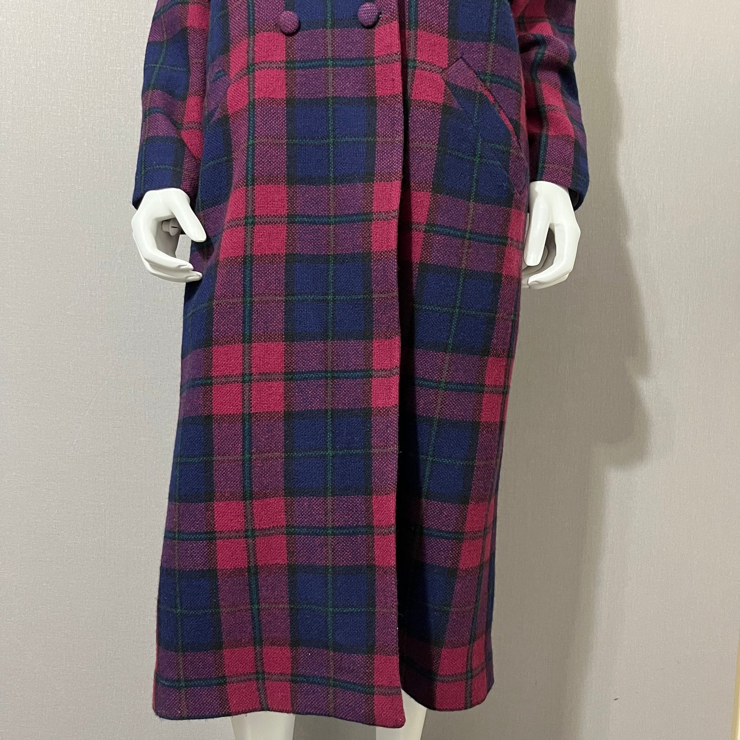 Wool Branigan Weavers Plaid Burgundy/Navy Longline Coat Sz-Small