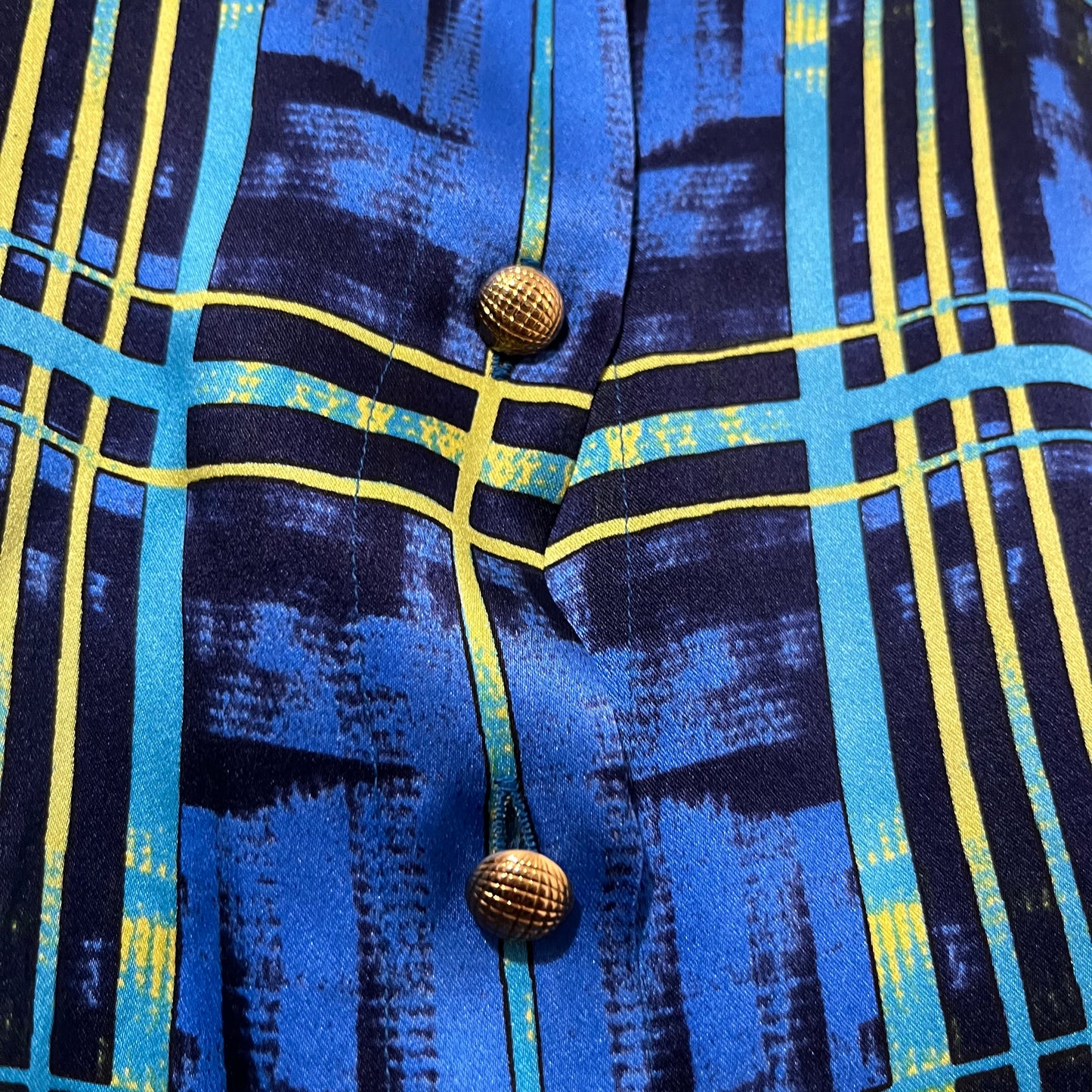 Vintage Escada Blue Stripe 100% Silk Gold Button Blouse Sz-8