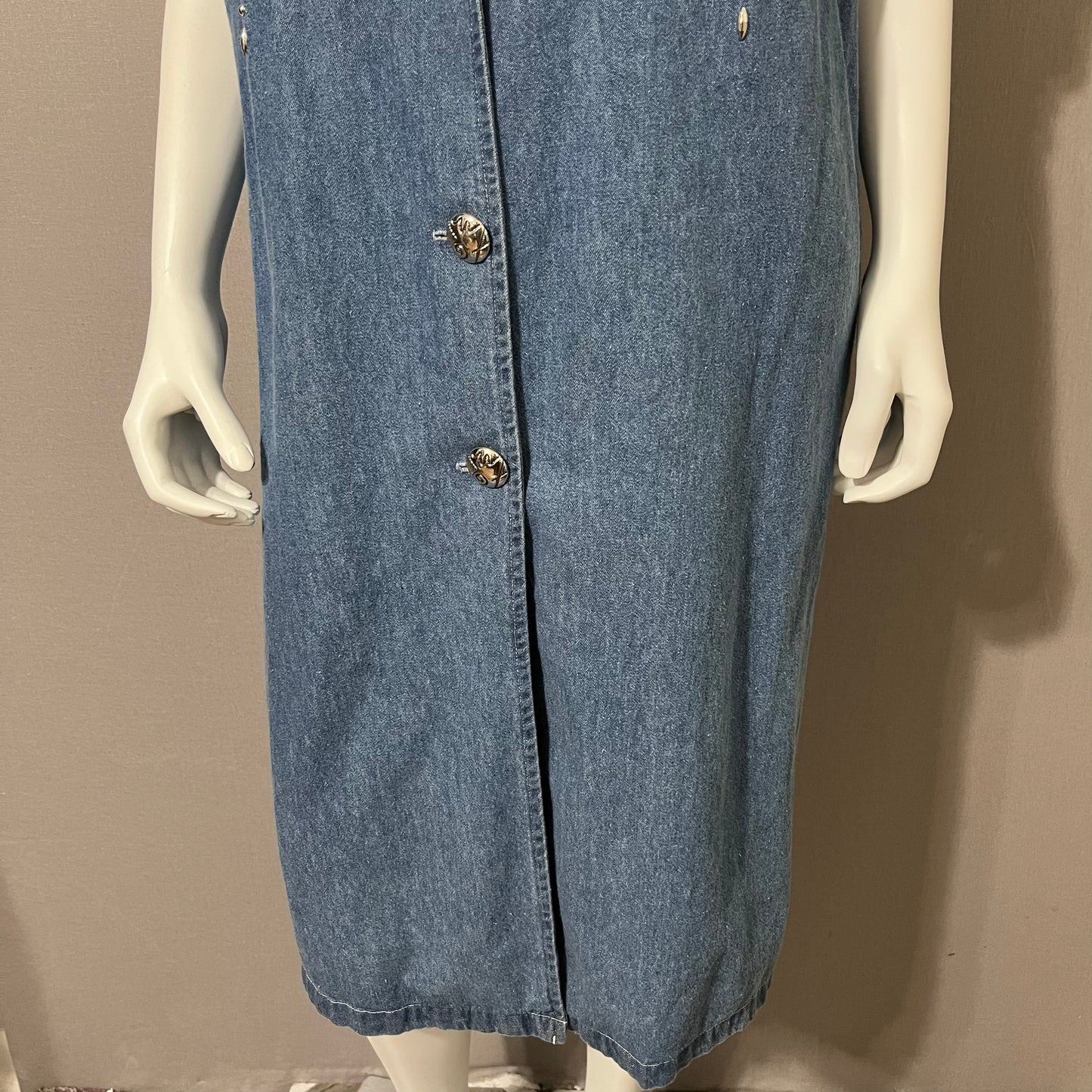 Vintage Panorama Denim Jeweled Cotton Long Sleeve Midi Dress Sz-Large