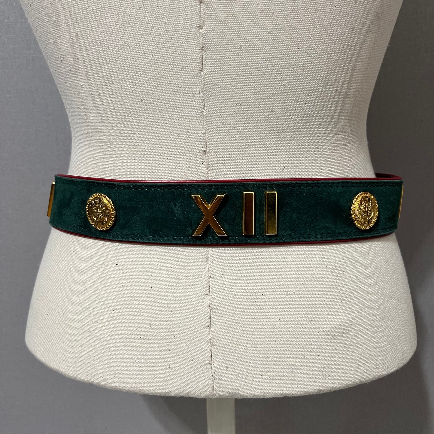 Vintage Rare Escada Roman Numeral Green Suede Leather Belt Sz-40