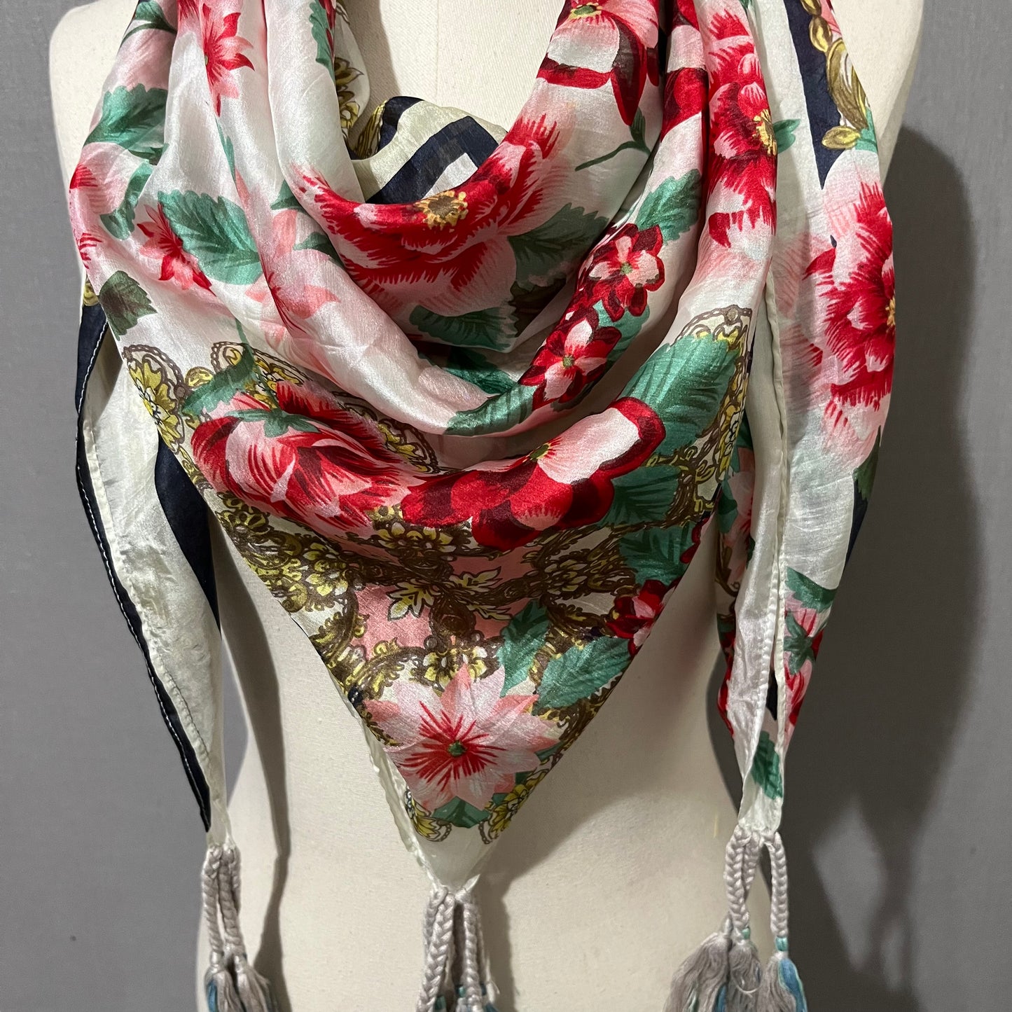 Johnny Was Floral Silk With Tassels Scarf OS