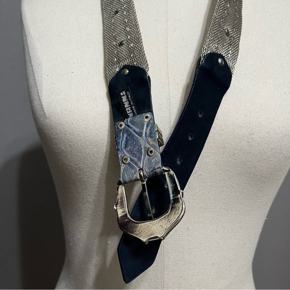 Blue Rhinestones Silver Metal Made In Italy Leather Belt Sz-Large