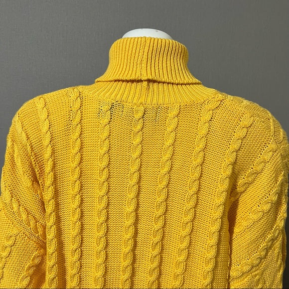 Wainscott Mustard Yellow Cotton Chunky Cable Knit Turtleneck Sz-Large