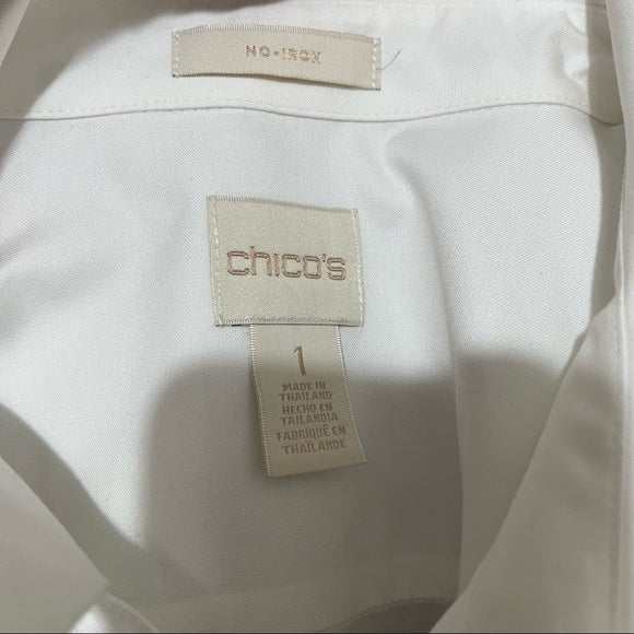 Chico’s White with Leopard Pocket Cotton Button Front Shirt Sz 1 (Medium)