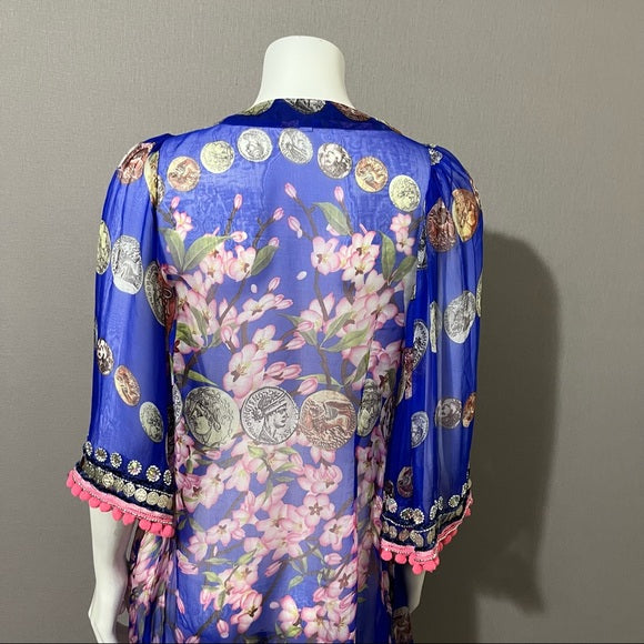 Jode Royal Blue | Pink Silk Pom Pom Tunic Top 3/4 Sleeve Sz Extra Large