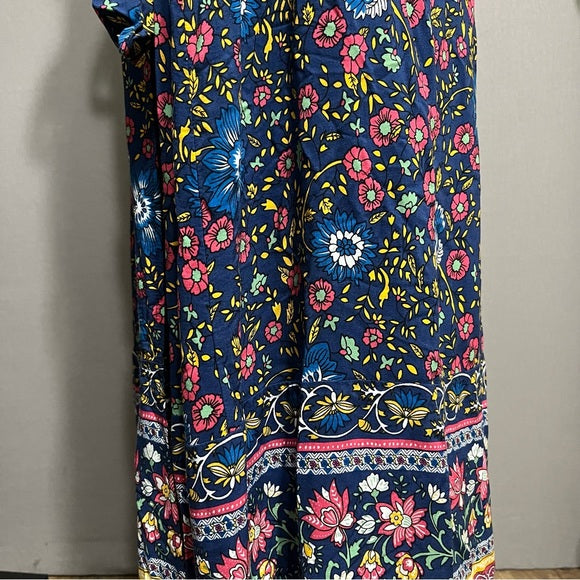 Floral V-Neck 100% Cotton Multicolored Maxi Wrap Dress Sz-Medium
