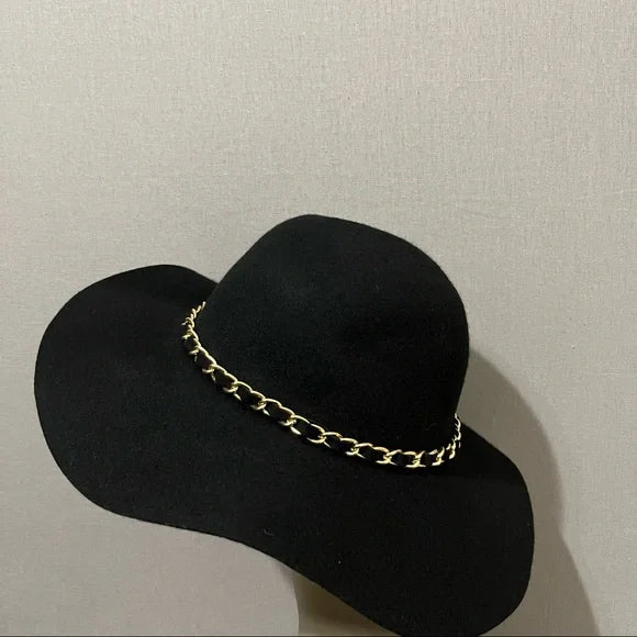 Black 100% Wool Floppy With Gold Chain Hat Sz-One Size