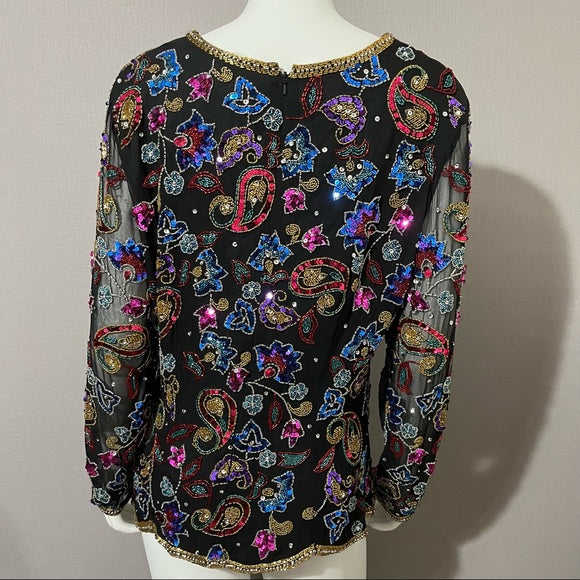 Vintage Sequin Silk Black With Sheer Sleeve Sweatheart Neckline Sz-Xtra Large
