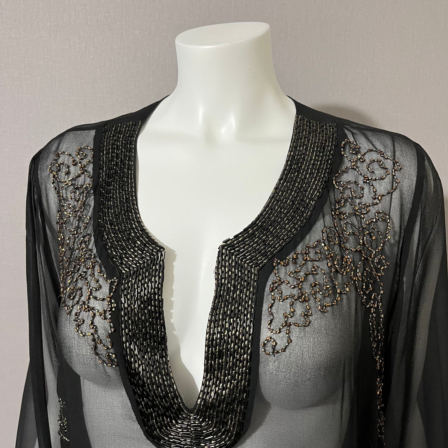 Neiman Marcus Black Beaded Sheer 100% Silk Top Sz-Large