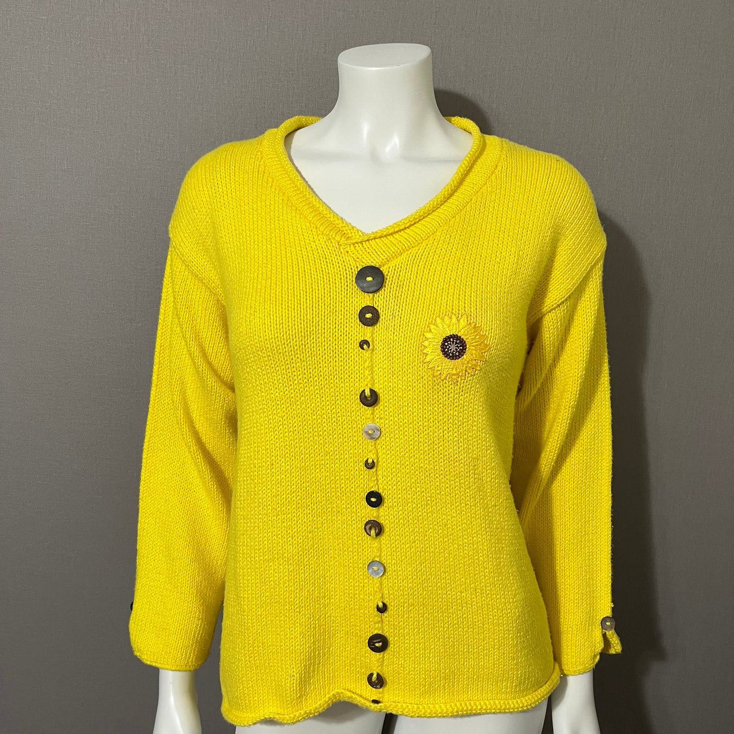 Yellow Pure Hand-Knit V-Neck Textured Button Sweater Sz-Small/Medium