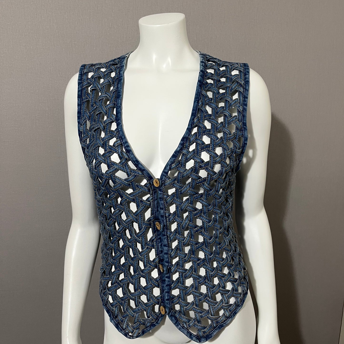 Vintage Denim Rare Open Stitched Cotton Vest Sz-Medium