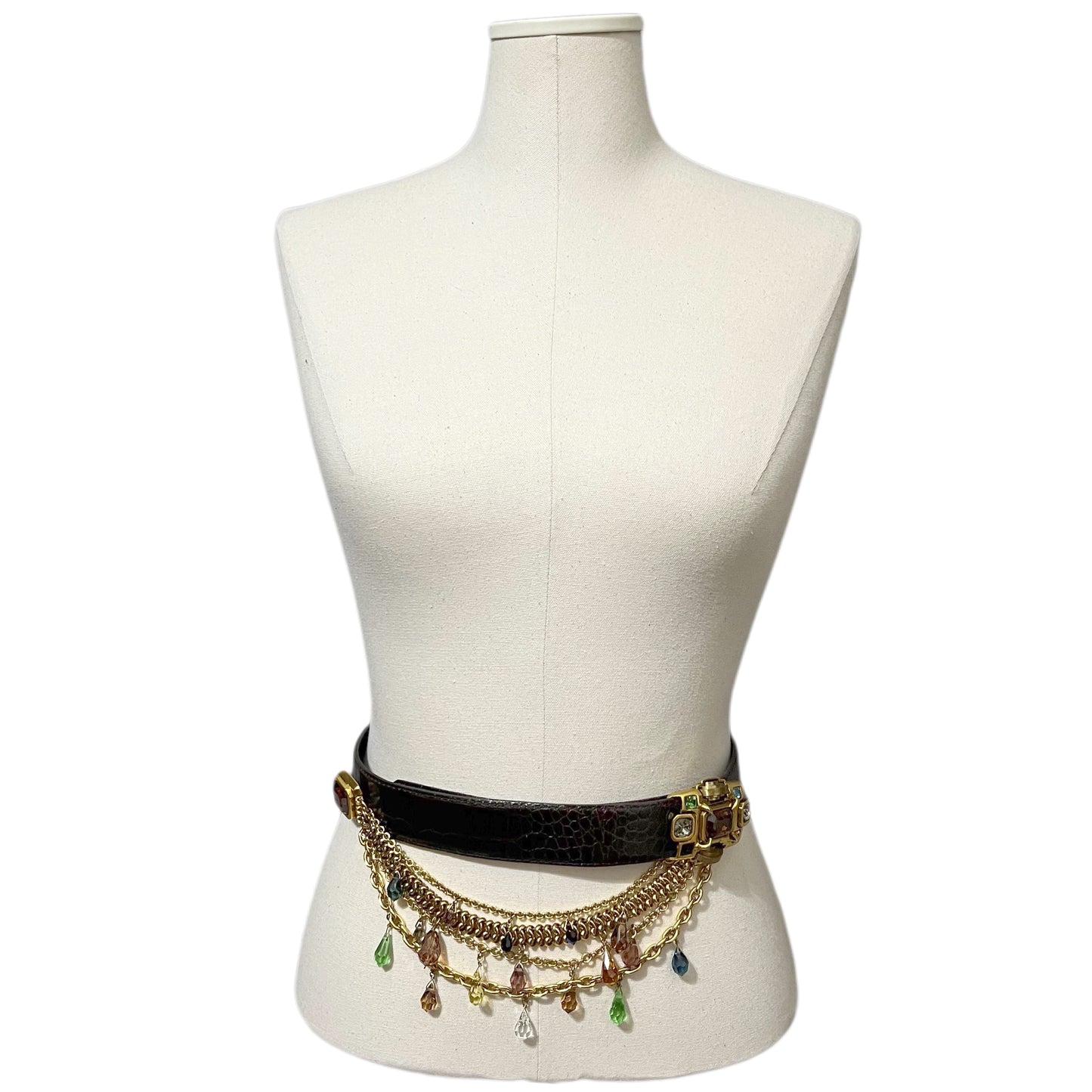 Vintage Rare Fahrenheit Connie Bates Dark Brown Leather Be-Jeweled Chain Belt Sz-Large