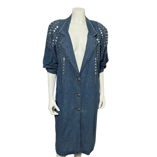 Vintage Panorama Denim Jeweled Cotton Long Sleeve Midi Dress Sz-Large