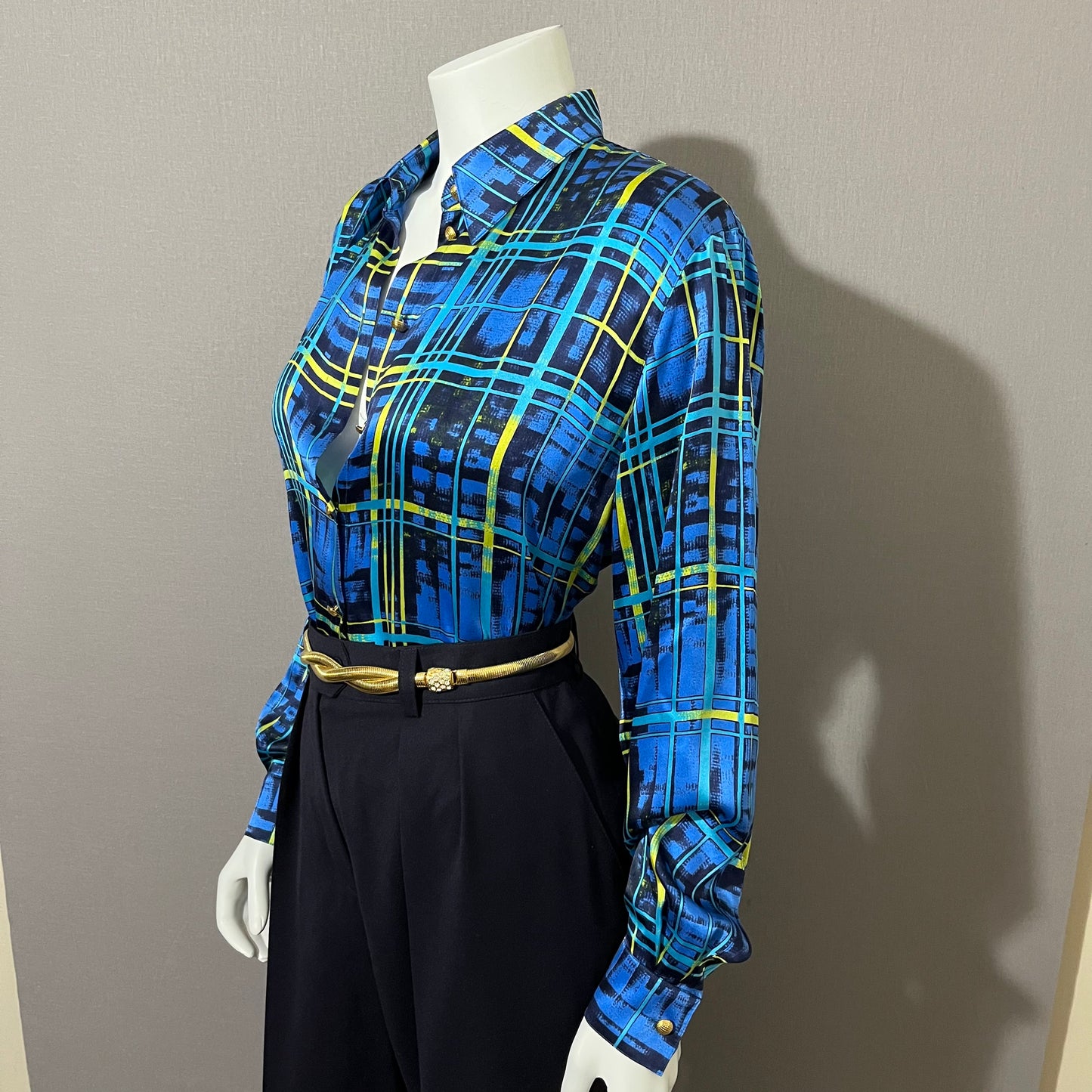 Vintage Escada Blue Stripe 100% Silk Gold Button Blouse Sz-8