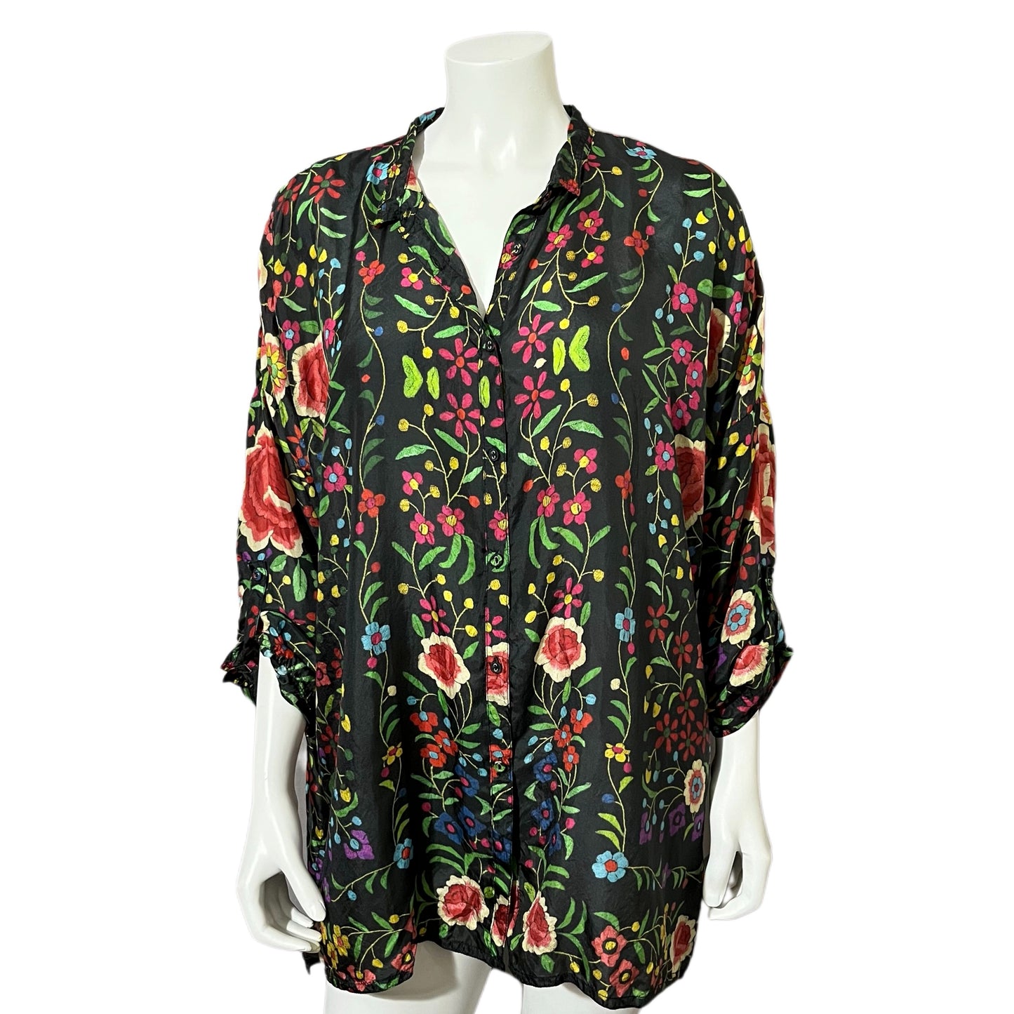 Johnny Was Black Silk Floral Button Front Blouse Sz-Large