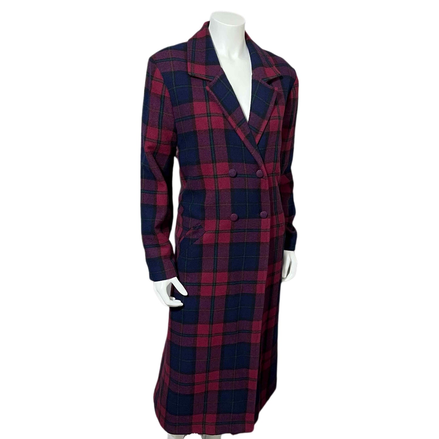 Wool Branigan Weavers Plaid Burgundy/Navy Longline Coat Sz-Small