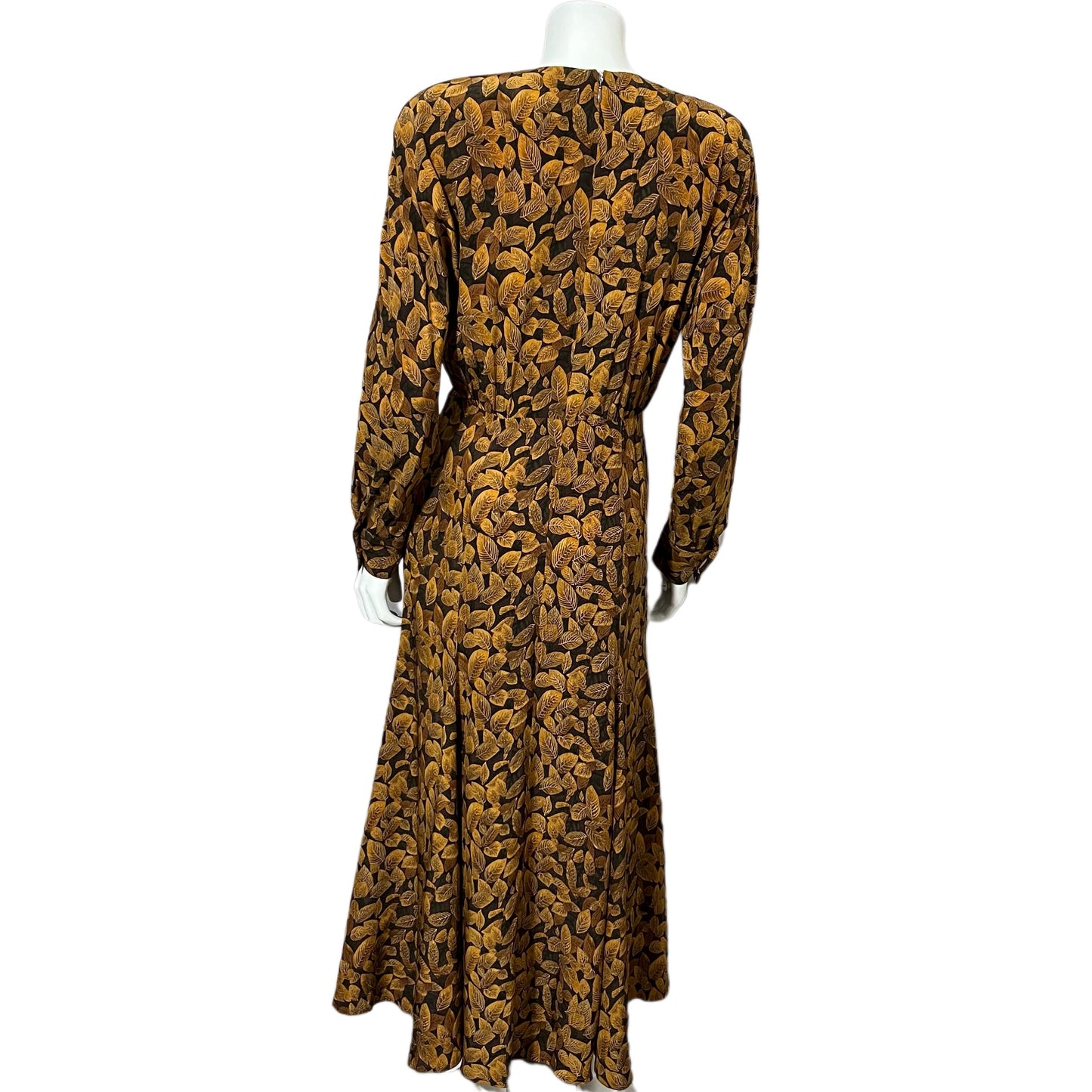 Vintage Gillian Silk Leaf Print MIDI Long Sleeve Dress Sz-4