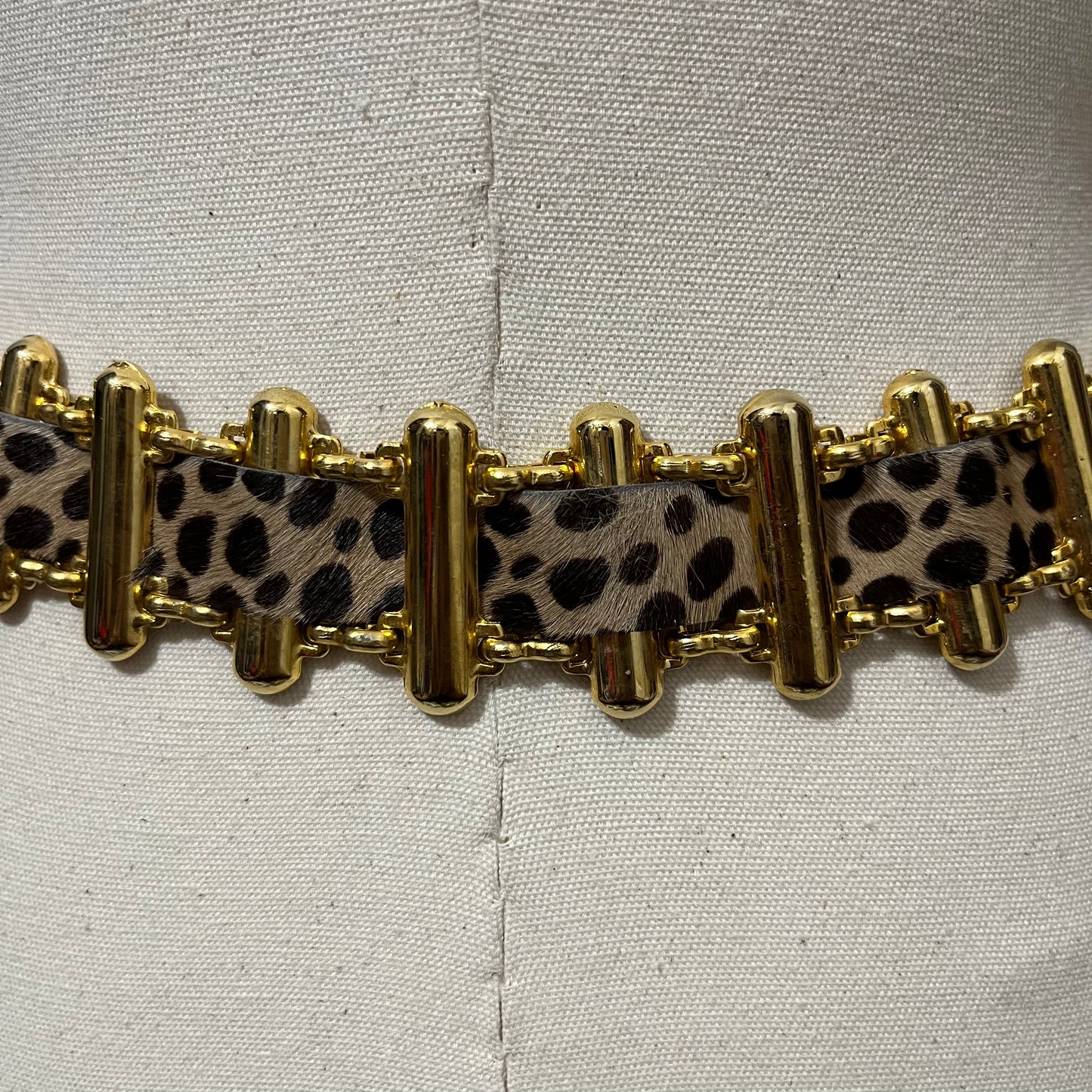 Vintage Doppia Vita Leopard Calf Hair Gold Tone Links Leather Belt Sz-OS