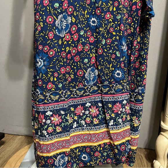 Floral V-Neck 100% Cotton Multicolored Maxi Wrap Dress Sz-Medium