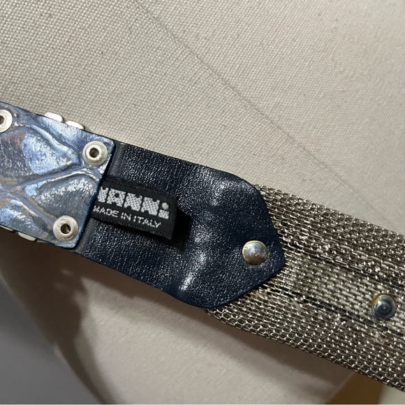 Blue Rhinestones Silver Metal Made In Italy Leather Belt Sz-Large