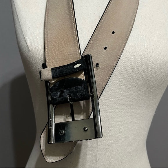 Chico’s Black Velvet Leather Gunmetal Gray Rhinestone Belt Sz-Small/Medium