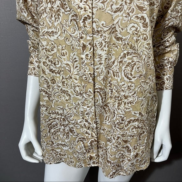 Jones New York Brown Leaf Print Cotton Button Front Shirt Sz-1X