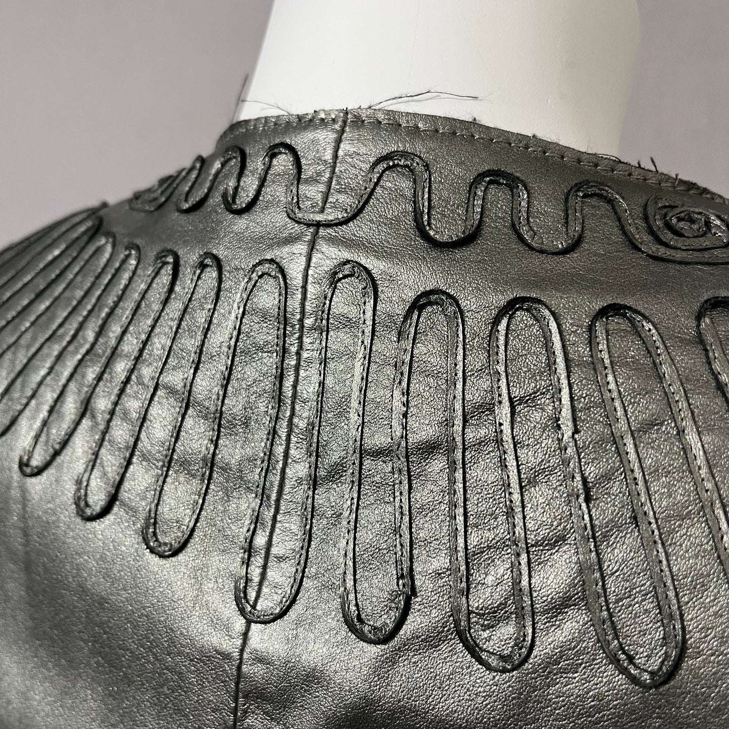 Leather Chi Silver Metallic Artsy Print Rare Moto Leather Jacket Sz-Xtra Small